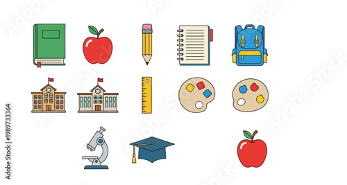 Colorful illustration of school supplies buildings and academic icons