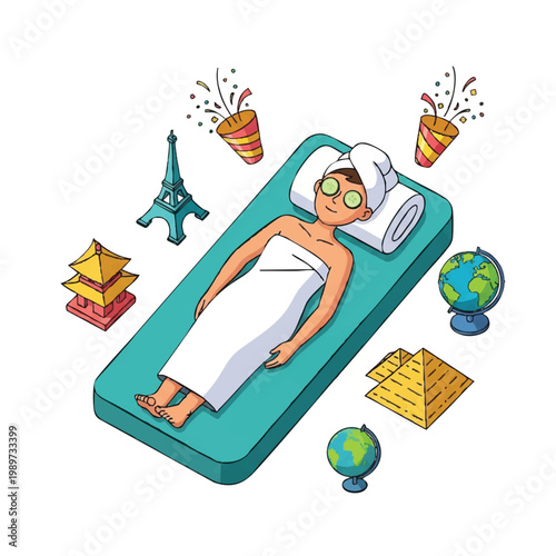 Woman Relaxing on Massage Table Surrounded by Travel Icons.