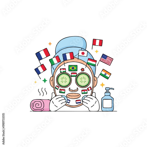 Woman with face mask and cucumber slices decorated with international flags.