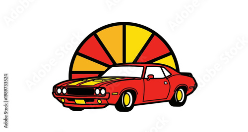 A red muscle car is silhouetted against a vibrant radial sunburst background