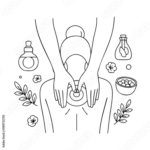 Line art illustration of a person receiving a therapeutic neck massage with essential oils and botanicals.