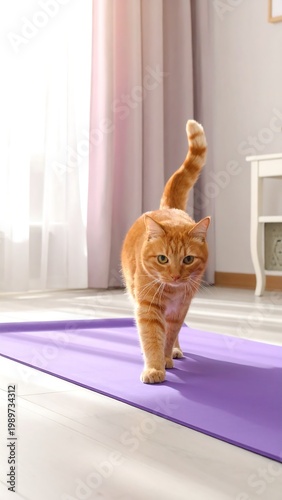 An orange feline is walking confidently on a purple yoga mat, indoors, near a window, with a curtain and a small white side table