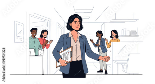 Businesswoman leading team in office setting with coworkers