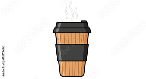 Brown disposable coffee cup with black lid and sleeve