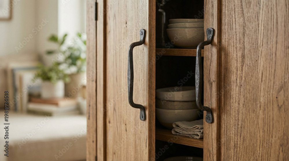 Fototapeta premium Forged iron cabinet handles on wooden kitchen cupboard in natural light 