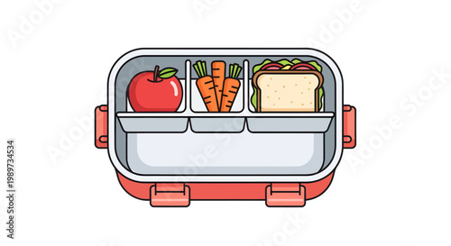 Colorful lunchbox with healthy food, sandwich, carrot and tomato