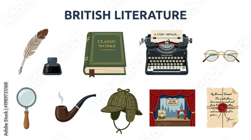 Foto Collection of British Literature Symbols and Objects.