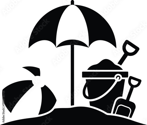 Summer beach vacation icon with umbrella, sand castle, shovel, bucket, and ball.