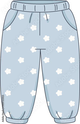 Blue Pajama Pants Illustration, Cute Floral Pattern Lounge Wear, Comfortable Sleepwear Design