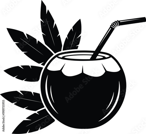 Coconut cocktail silhouette with drinking straw and tropical leaves.