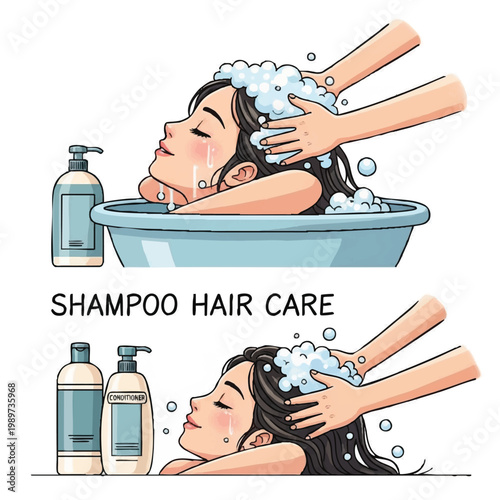 Woman washing hair with shampoo and conditioner in basin.