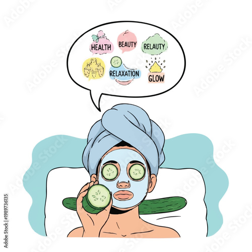 Woman applying cucumber slices and face mask for skincare.