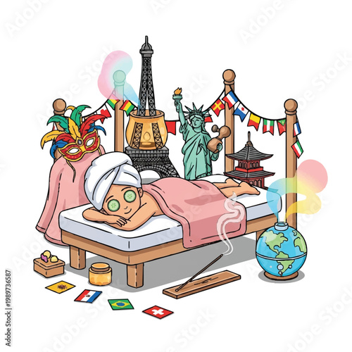 Woman relaxing in spa bed with international landmarks around her.