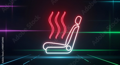 Neon icon of a car seat with wavy red heat lines rising from it, simple white outline, cyberpunk aesthetic.
