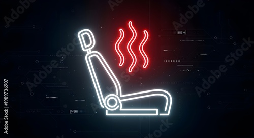 Neon icon of a car seat with wavy red heat lines rising from it, simple white outline, cyberpunk aesthetic.