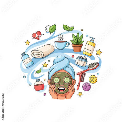 Woman Enjoying Skincare Routine with Face Mask and Spa Items.