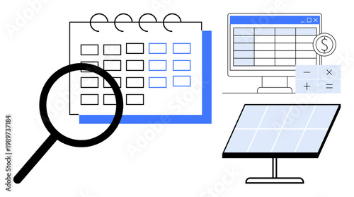 Time management, finance planning, renewable energy, resource optimization, data analysis, decision-making. Calendar and magnifying glass with budget and solar panel visuals. Time management