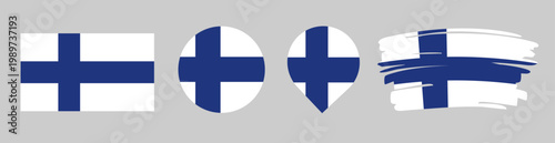 Finland Flag Set - National Banner in Rectangle Circle Map Pin and Brush Stroke Styles on Gray Background
