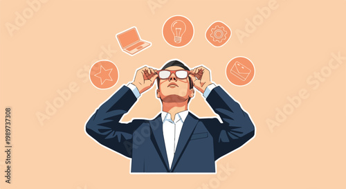 Creative businessman adjusting glasses, looking up at floating icons representing innovation, technology, strategy, and future business ideas. Concept of insight and planning.