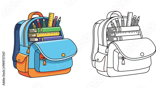 Cartoon school backpack filled with books and stationery vector illustration, colored and black-and-white outline coloring page versions