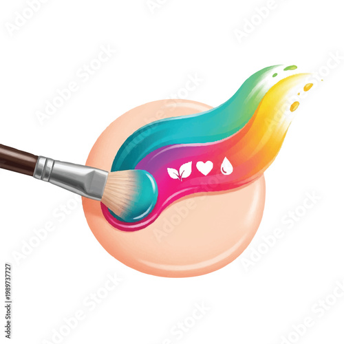 Makeup brush applying colorful cosmetic foundation on skin tone.