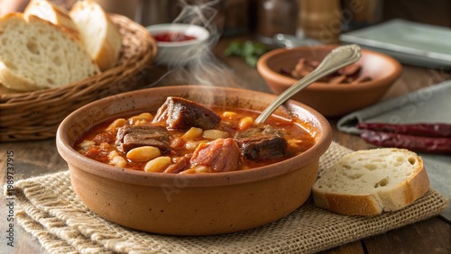 Warm fabada bean stew served in a rustic bowl with bread on a wooden table, perfect for a cozy meal