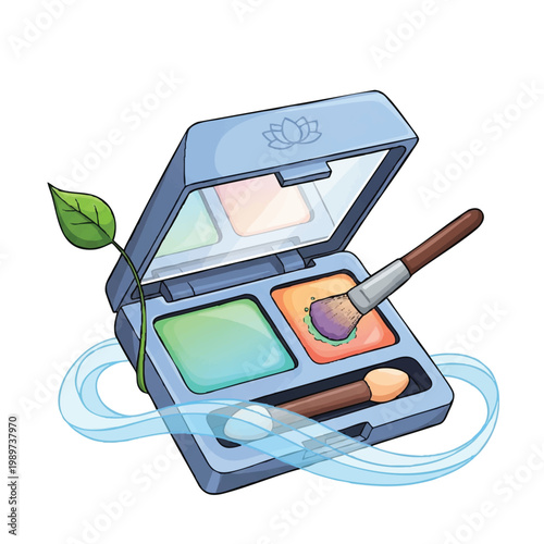Open makeup palette with brushes and leaf illustration.