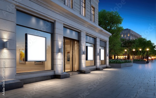Modern Storefront at Night with Illuminated Signs