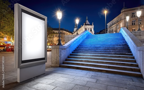 Illuminated Staircase at Night in City Square