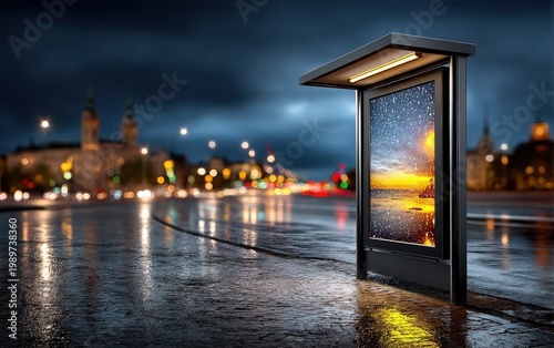 Modern Bus Stop at Night in Cityscape