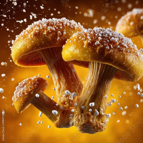 Delicious Mushrooms with Snowflakes in a Blurred Background