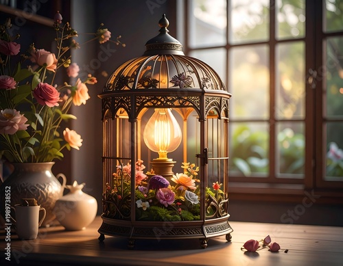 An ornate birdcage-shaped lamp glows, illuminating a small floral garden inside. Soft light casts shadows on the wooden surface