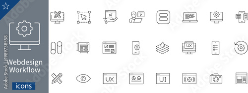 24 Webdesign Workflow Icons Minimalist Monolinear Line Art for UI/UX Design, Development Tools, and Responsive Interfaces