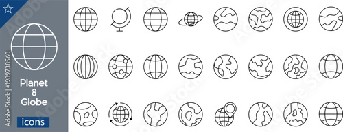 24 Planet and Globe Icons  Minimalist Monolinear Line Art for Cartography, World Maps, and Planetary Geography