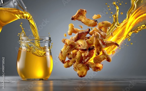 Golden Chicken Wings in a Jar with Splashing Oil