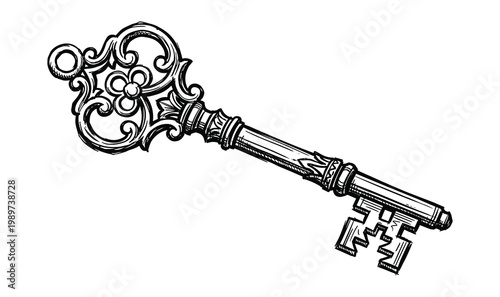 Vintage ornate key sketch, hand drawn antique skeleton key