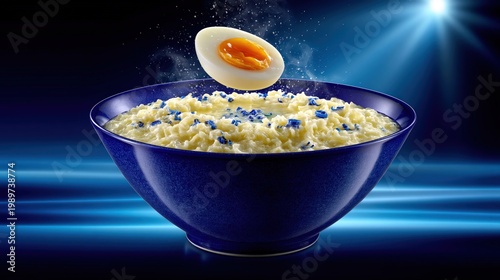 Bowl of Creamy Rice Pudding with Egg on Top