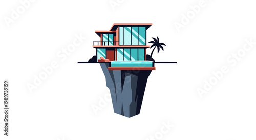 Modern house on cliffside with palm tree.