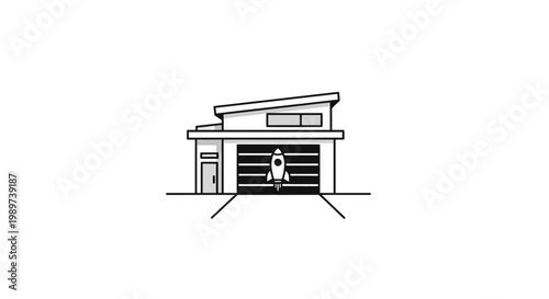 Modern house with garage door open.