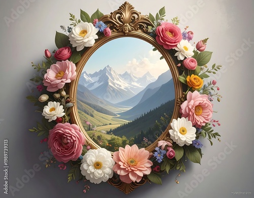 An ornate gold oval frame brimming with colorful flowers surrounds a landscape view of a valley and snowy mountains