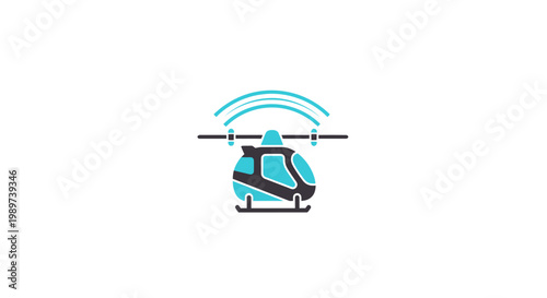 Modern teal helicopter with rotor blades.