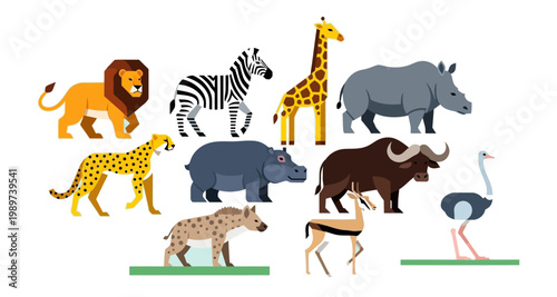 A colorful illustration depicting a variety of african savanna animals