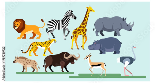 A colorful illustration depicts a diverse group of african savanna animals