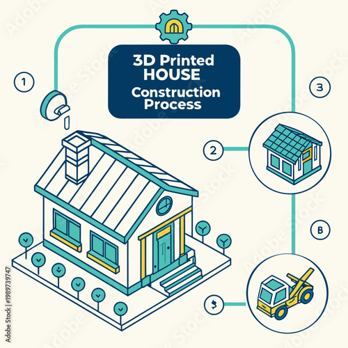 3D printed house construction process diagram with 3D printing real estate step by step additive manufacturing 3D printing construction building architecture technology innovation blueprint