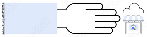 Online retail, cloud computing, e-commerce, digital transactions, business support, customer service. Hand reaching out near a store icon under a cloud. Online retail and cloud computing connection