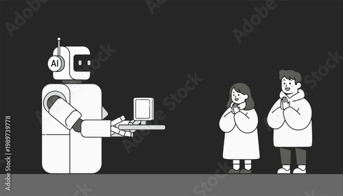 AI robot giving device to humans, future technology and human interaction concept