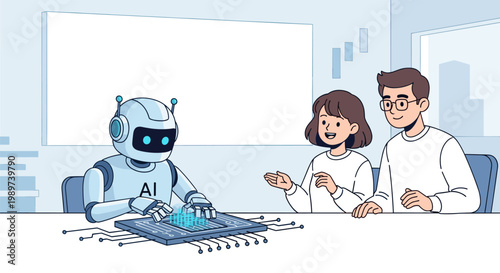 AI robot teaching children with digital board, education technology and learning concept