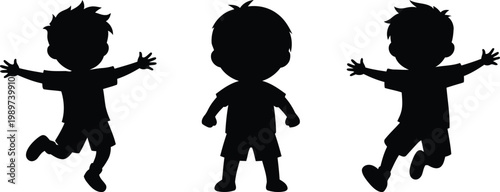 Three jumping children silhouettes isolated on transparent background