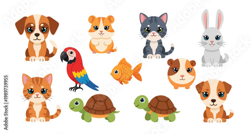 A colorful collection of cartoon animals including dogs cats birds and reptiles