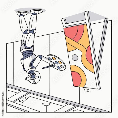 Futuristic robot painter creating abstract art on canvas while hanging upside down from the ceiling minimalist illustration with inverted technology humanoid artificial intelligence creative